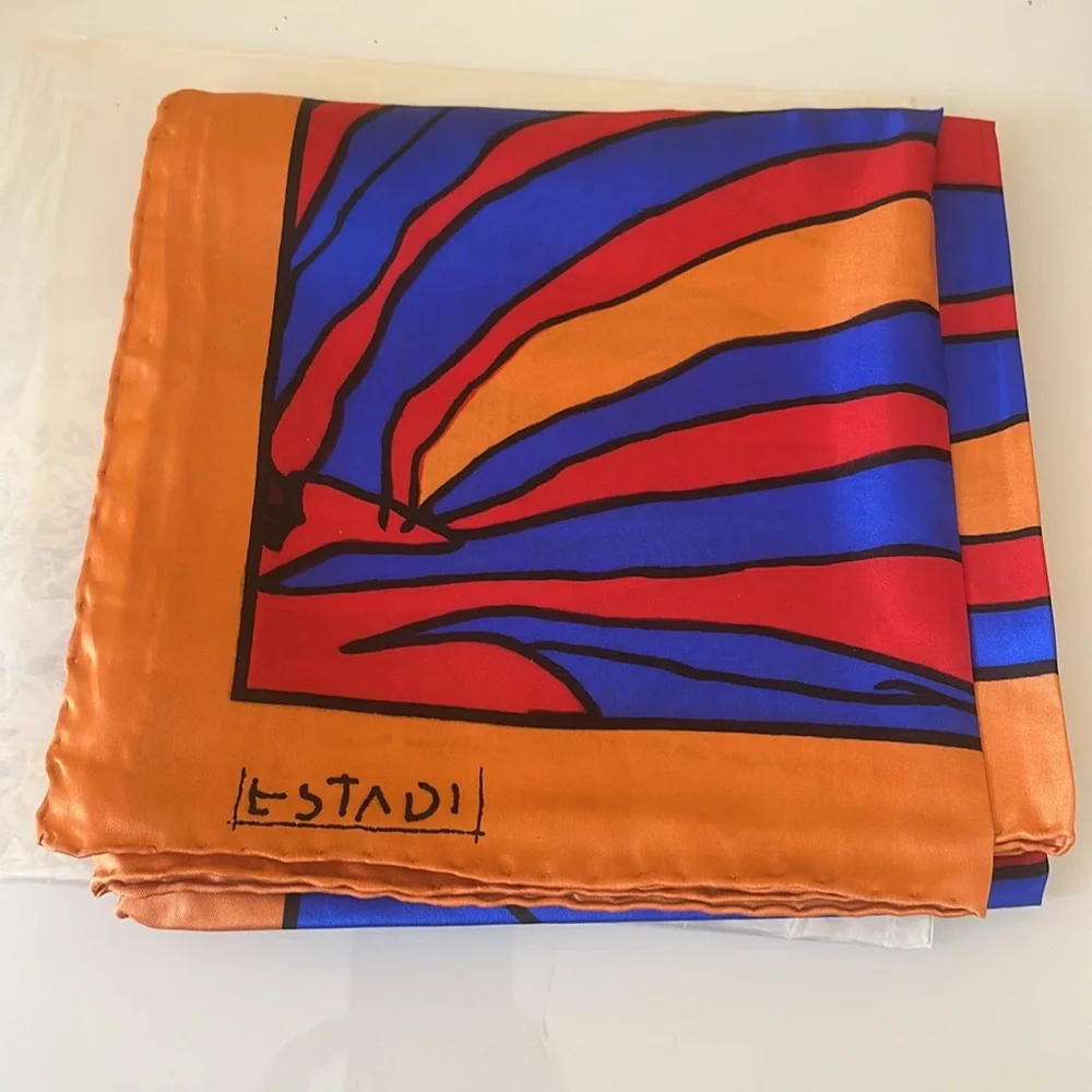 Estadi 100% Silk Twill Orange Red Blue Abstract Print Scarf Hand Rolled Hem NEW